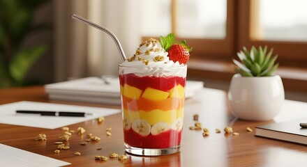Delicious layered fruit parfait with granola, whipped cream, and strawberry, perfect for a healthy breakfast or dessert.