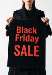 A young woman with long brown hair holds a large sign that reads 'Black Friday SALE' in bold red letters. She wears a stylish black coat with red accents.
