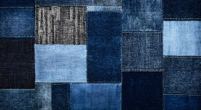 up-close of denim patchwork textile background, with rich palette of blue shades, intricate textures, perfect for designer creative project. The varied and sewn denim pieces show the unique details.
