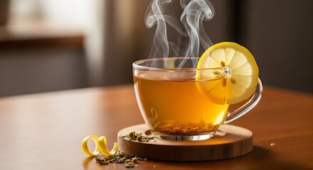 Warm and inviting cup of steaming lemon tea on a wooden table, perfect for relaxation and comfort. Ideal for blogs, websites, and social media.