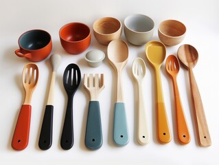 Assorted wooden and ceramic kitchen utensils and bowls arranged neatly on a white surface