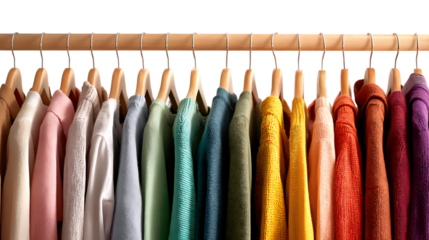 Variety of colorful clothes hanging on wooden hangers, fashion and retail concept.