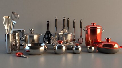 Collection of Kitchen Utensils and Cookware Displayed on a Neutral Background
