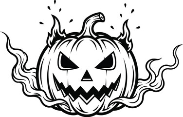 Fototapeta premium A sinister Halloween jack-o-lantern with fire and smoke effect, perfect for festive design elements.