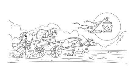 Fototapeta premium Fantasy Carriage Journey: A whimsical illustration of a royal carriage pulled by a friendly dragon, guided by a young person along a path beneath a full moon and flowing clouds.