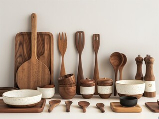 Collection of Wooden and Ceramic Kitchen Utensils Arranged on a Neutral Background