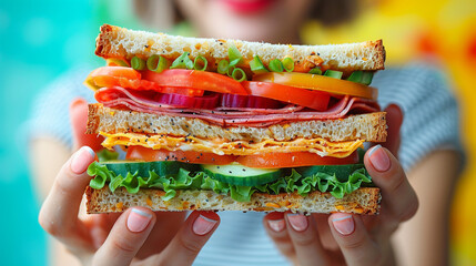 Woman holding a large, colorful, layered sandwich with various fillings, such as vegetables, meats, and cheese, presented in a close-up view.