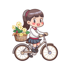 Vector art of cute girl riding bicycle with flower basket