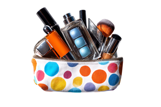 Makeup bag with beauty products for daily routine.