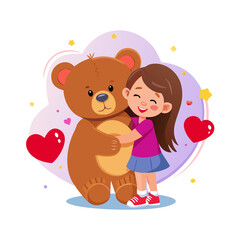 Vector art of happy girl hugging teddy bear