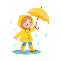 Vector art of cute little girl walking in the rain