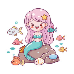 Vector art of cute mermaid girl sitting on a rock