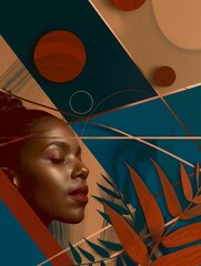 Artistic Portrait with Geometric Shapes and Tropical Leaves