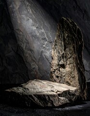A dramatic, natural rock display, showcasing a rough-hewn stone platform against a textured dark stone backdrop, bathed in dramatic light.
