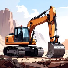 A large, orange excavator sits on a sandy terrain, surrounded by rocky landscapes.