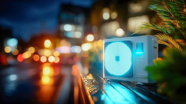 Modern air source heat pump unit installed outdoors at night, illuminated by colorful city lights in the background