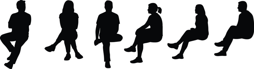 Silhouettes of Seated People in Various Relaxed Poses – Vector Illustration for Waiting, Resting, or Social Concepts in Design Projects