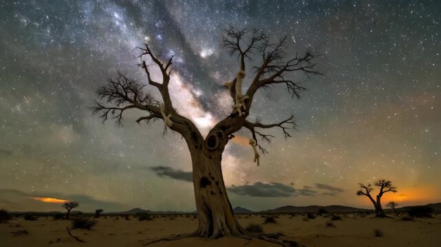 arafed tree in the desert with a sky full of stars