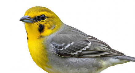 Bright yellow and grey bird, warbler or passerine species in profile, isolated transparent background.
