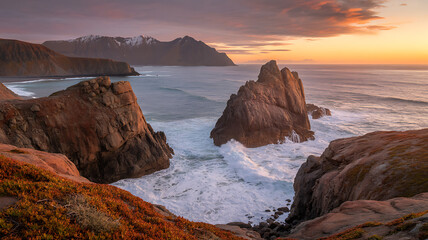 Dramatic rocky coastline with ocean waves and mountains at sunset