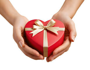 Hands Holding Red Heart Gift Box with Ribbon PNG