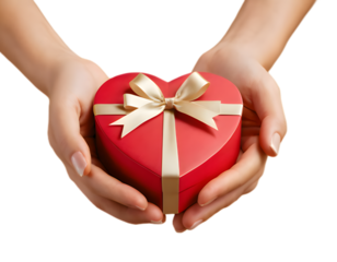 Hands Holding Red Heart Gift Box with Ribbon PNG