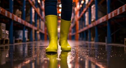 Warehouse Worker in Bright Yellow Rain Boots Walks Through a Flooded Hallway