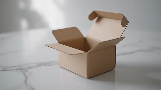 Empty Cardboard Box on Marble Surface - An empty, open cardboard box sits on a marble surface. The box is light brown and appears to be made of sturdy cardboard.