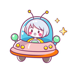 Vector art of adorable little girl in a spaceship
