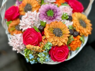 marshmallow flowers in a basket