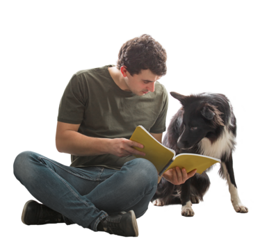 Male master with his clever pet learning training commands and exercises from a book instruction. Curious owner and faithful dog friend reading together a textbook isolated on transparent background
