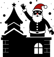 Santa Claus waving from chimney rooftop silhouette  vector black , white background 