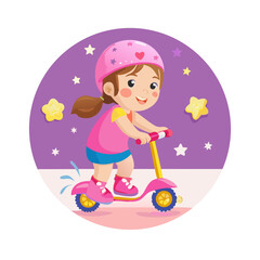 Vector art of a girl riding a scooter with helmet