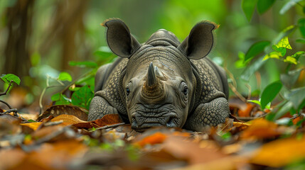 Close-up of a small rhinoceros resting in the forest floor, surrounded by fallen leaves.