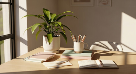 Sunlit Desk Still Life: Plant, Notebooks, and Pens in Warm Light