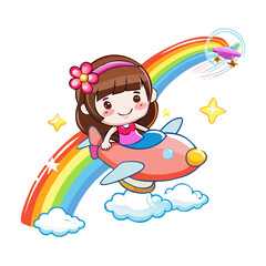 Naklejka premium Vector art of a cute girl is driving a plane