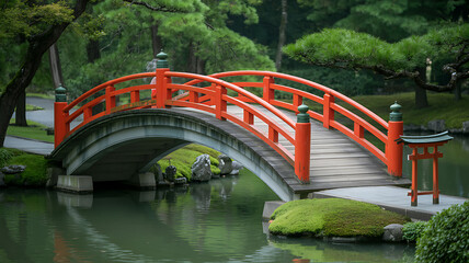 Red wooden bridge over pond in japanese garden with green trees