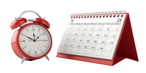 Charming Red Alarm Clock Beside a Monthly Calendar, Ideal for Organizing Time and Planning Schedules Effectively