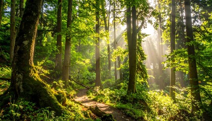 Obraz premium Sunlight streams through a lush forest path (3)