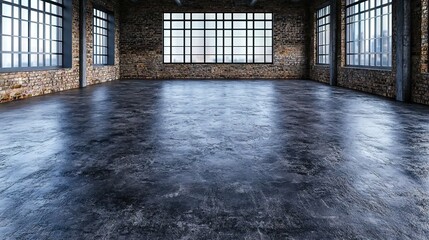  A spacious room features expansive windows, a brick wall, and a solid concrete floor