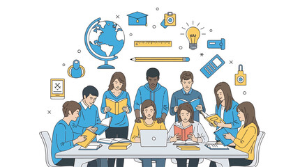 Diverse group of students studying together at a table with books and learning materials in a bright classroom, symbolizing education and teamwork.