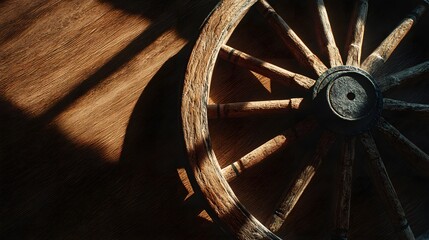 A weathered wooden wagon wheel sits on a hardwood floor, bathed in warm sunlight and casting dramatic shadows.