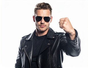 Obraz premium A stylish illustration of a macho man wearing a black leather jacket and dark sunglasses, confidently clenching his fists. Bold, cool, and dynamic with a modern vibe