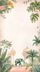 Pichhwai style Mughal painting wallpaper with copy space, pastel watercolor banner design for Indian wedding cards and poster 