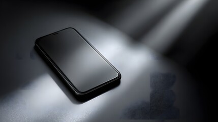 A modern smartphone, dark and sleek, rests on a textured surface, highlighted by dramatic lighting.