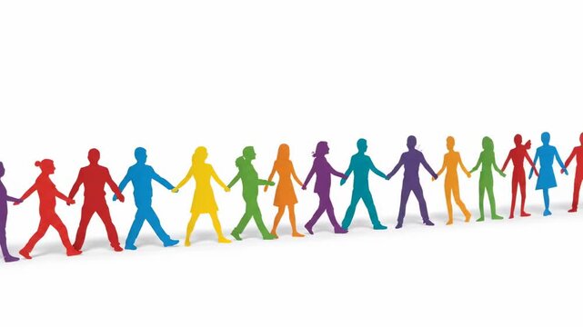 Colorful Paper People Walking Together - A line of colorful paper cutout people holding hands and walking together, symbolizing unity, diversity, and inclusion.