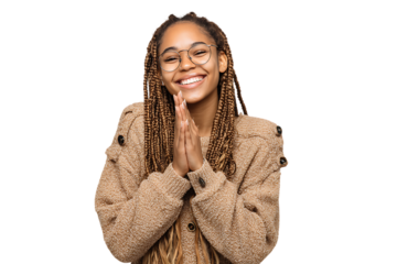 Happy woman expressing gratitude and hope.