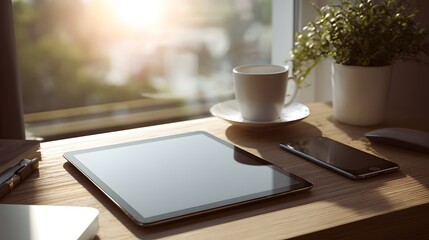 A modern workspace with a tablet, phone, and a cup of coffee sits by a window, bathed in sunlight.