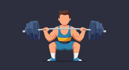 Obraz premium Cartoon illustration of a strong weightlifter doing a barbell squat exercise