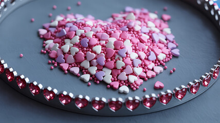 Close up of colorful heart shaped sprinkles in decorative arrangement